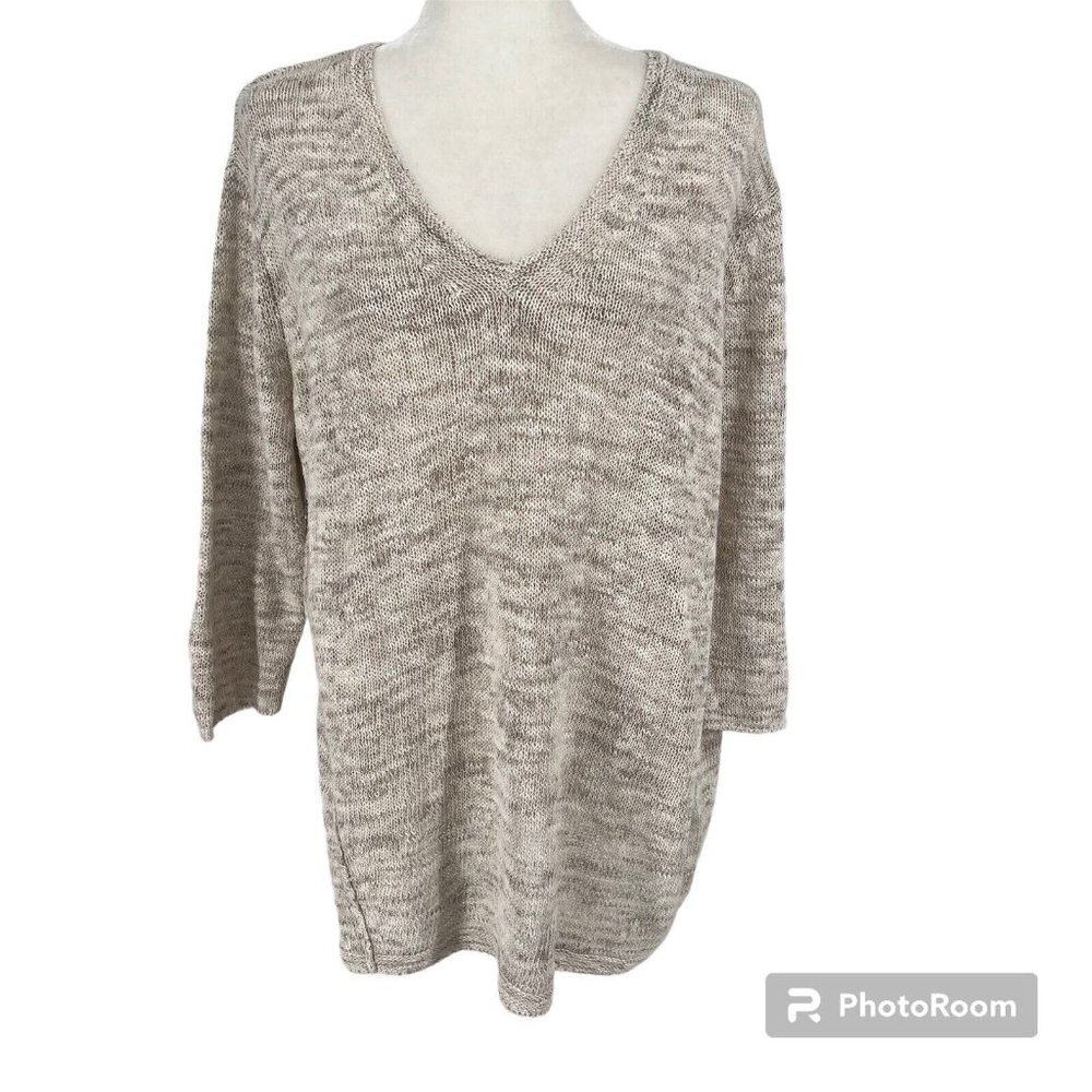 Pure Jill Sweater Womens Size‎ M Cream Tan V-Neck 3/4 Sleeve 100% Cotton